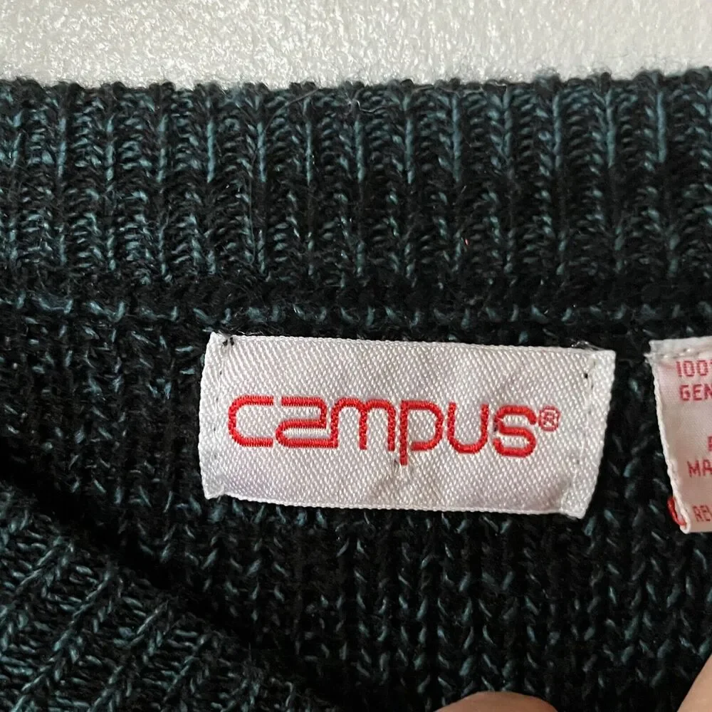 VTG Campus 80s 90s Sweater Pullover Mens Blue Black Acrylic Leather Abstract S